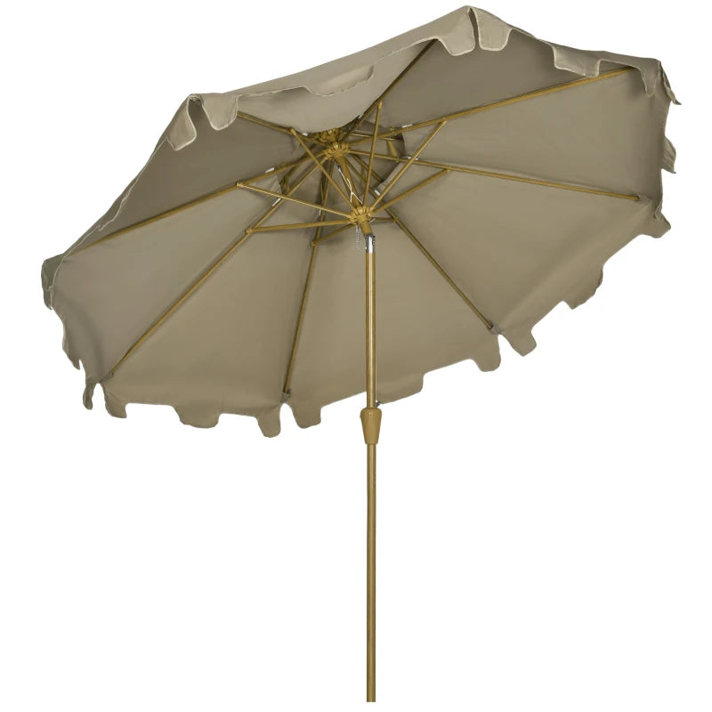 Outsunny 9' Patio Umbrella with Push Button Tilt and Crank, Double Top Ruffled Outdoor Market Table Umbrella with 8 Ribs, for Garden, Deck, Pool, Brown