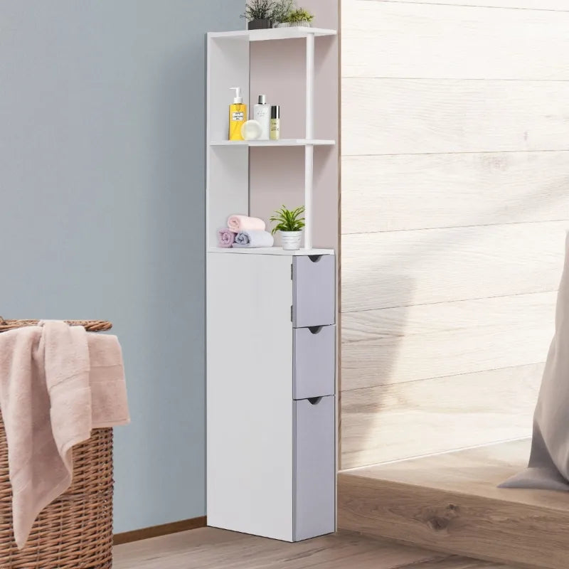HOMCOM Tall Bathroom Storage Cabinet, Freestanding Linen Tower with 2-Tier  Shelf and 2 Cupboards, Narrow Side Floor Organizer, White