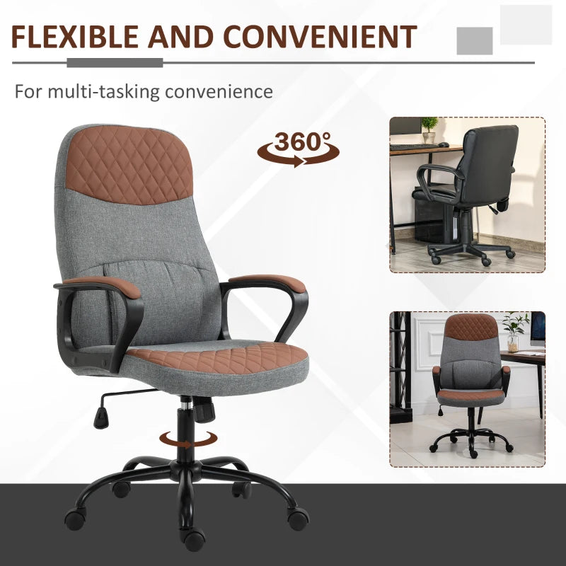 Vinsetto High Back Office Chair with 2-Point Lumbar Massage, USB Power, Faux Leather, and Linen Fabric, Brown/Grey