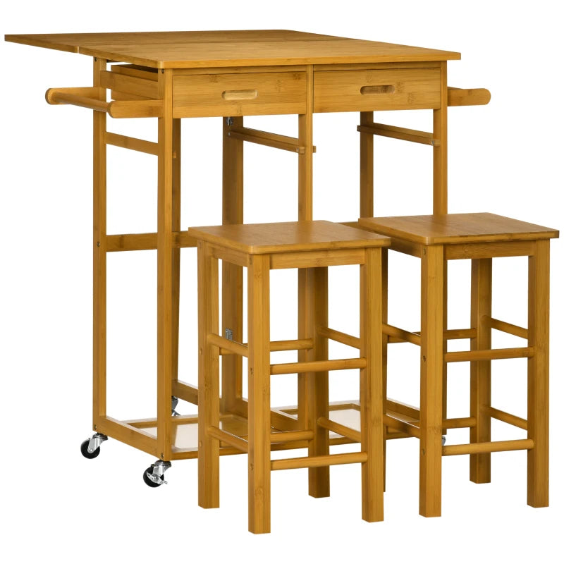 HOMCOM Breakfast Cart Table and Chair Set Kitchen Island with Seating