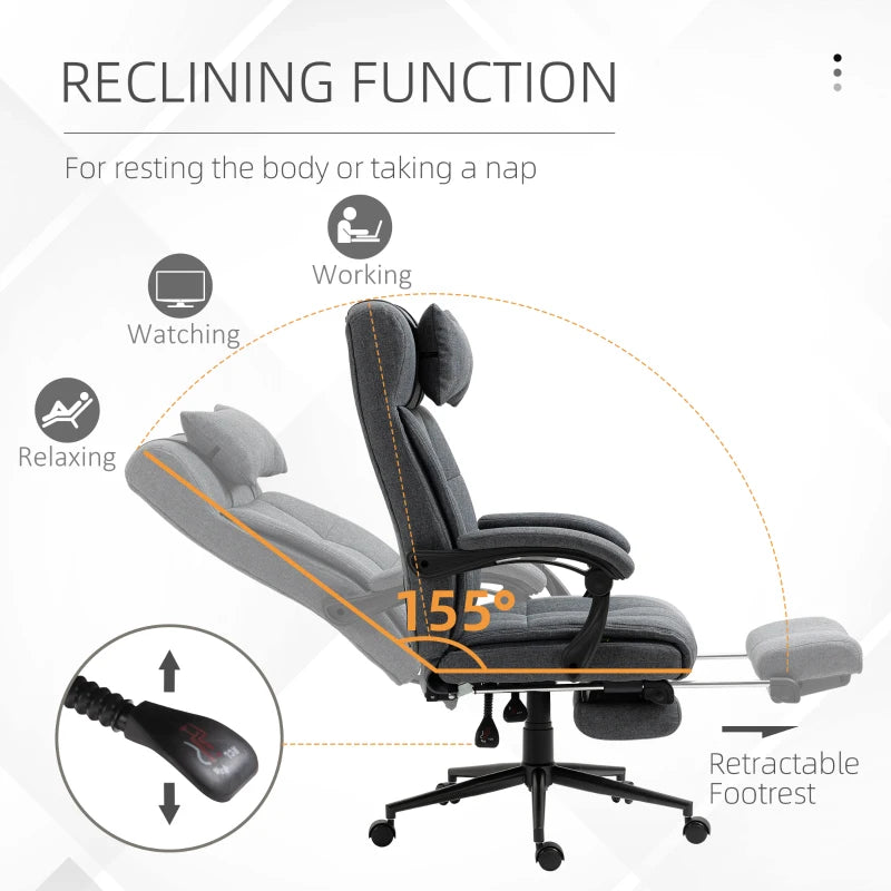 Vinsetto Reclining Office Chair Rolling Swivel Chair Footrest Linen-Feel, Dark Grey