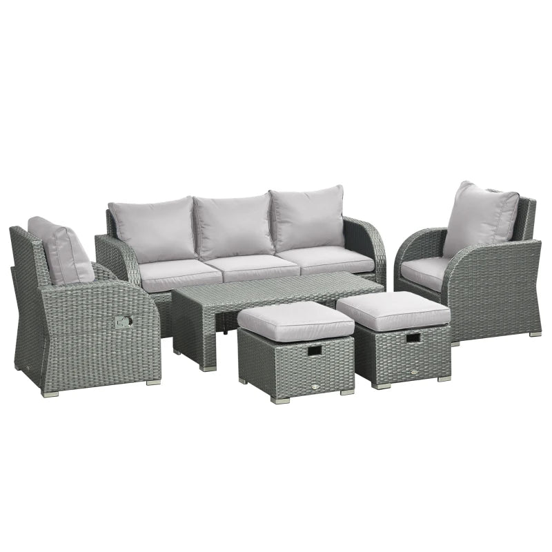 Outsunny 6-PCs Patio Furniture Sets Outdoor Wicker Sofa Set Rattan Angle Adjustable Recline Single Chair Conversation Set, Ottomans, w/ Polyester Tea Table Gas Spring  & Soft Washable Cushions, Grey