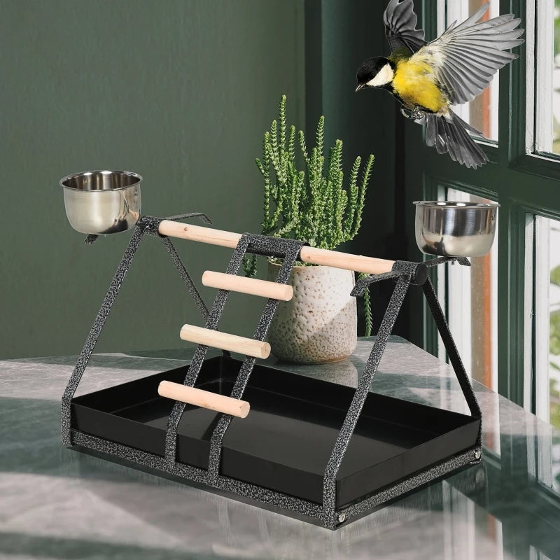 PawHut Bird PlayStand with Wooden Perch Ladder Feeding Cups for Macaw Parrot Conure Black