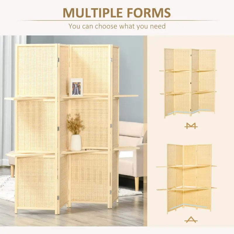 HOMCOM 4 Panel Folding Room Divider, 5.5ft Freestanding Paulownia Wood Wall Divider Panel with Storage Shelves for Bedroom or Office, Natural Wood