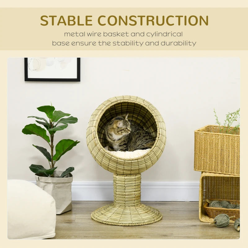 PawHut Elevated Cat Condo Pod Kitten House with Stand Cushion, Round, Φ16" x 28"H, Yellow