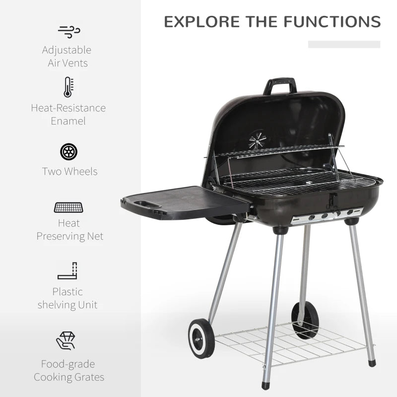 Outsunny Freestanding Charcoal BBQ Grill Portable Cooking Smoker Outdoor  Camp Picnic Barbecue Cooker w/ Wheels and Storage Shelves