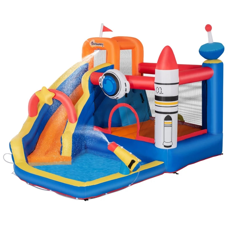 Outsunny 6-in-1 Kids Inflatable Water Slide, Bounce House with Slide, Pool, Water Cannon, Climbing Wall, Tunnel, Hoop, Backyard Inflatable Game for Birthday Party Activities without Air Blower