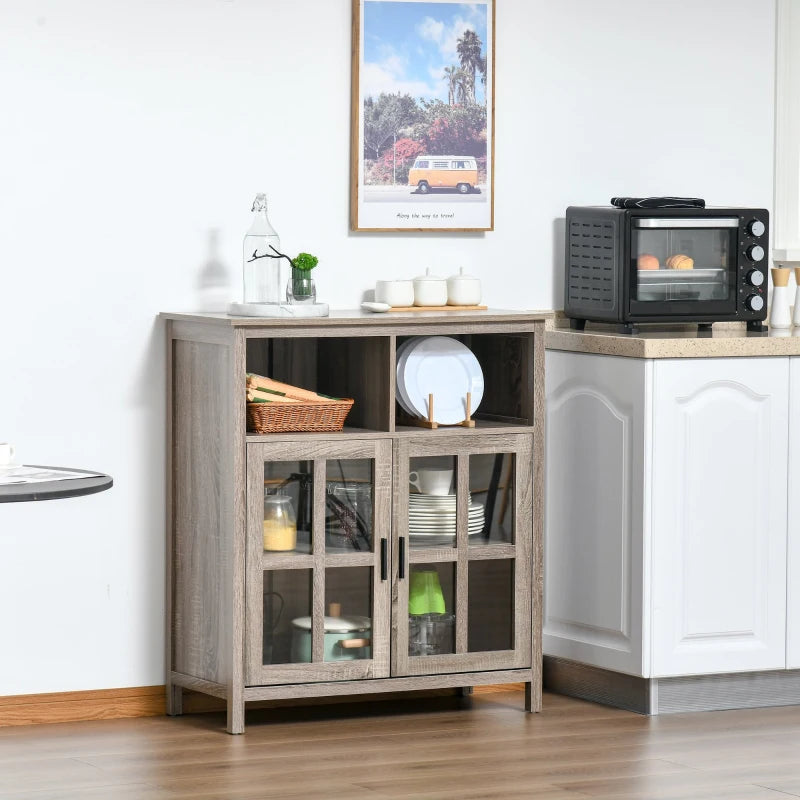 HOMCOM Accent Sideboard Serving Buffet Storage Cabinet with 2 Cubbyholes, Glass Door and Adjustable Shelf, Oak