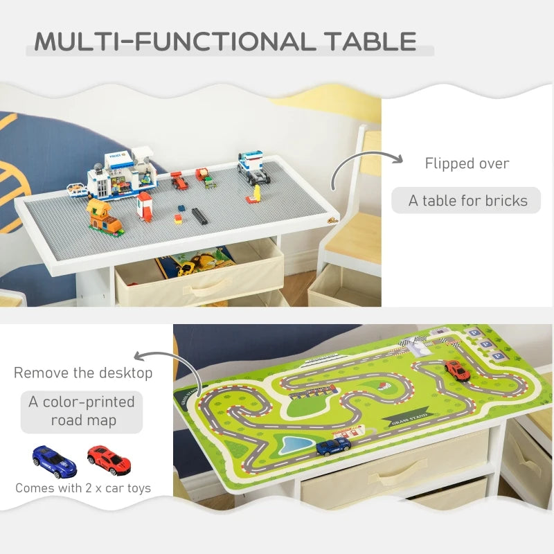 Qaba 3-Piece Kids Table and Chair Set with 2 In 1 Desktop Road Map Storage Drawer