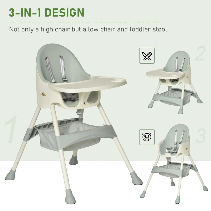 Qaba Baby High Chair 3-In-1 Kids Toddler Seat with 5-Point Safety Harness, Removable Food Tray & Flexible Design - Green