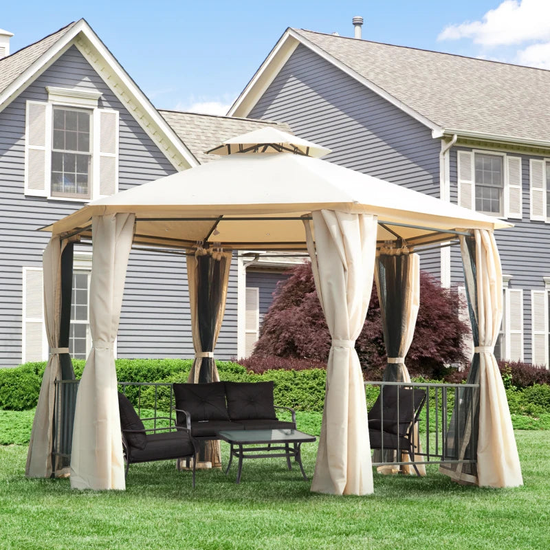 Outsunny 13' x 13' Patio Gazebo, Double Roof Hexagon Outdoor Gazebo Canopy Shelter w/ with Netting & Curtains, Solid Steel Frame for Garden, Lawn, Backyard and Deck, Beige