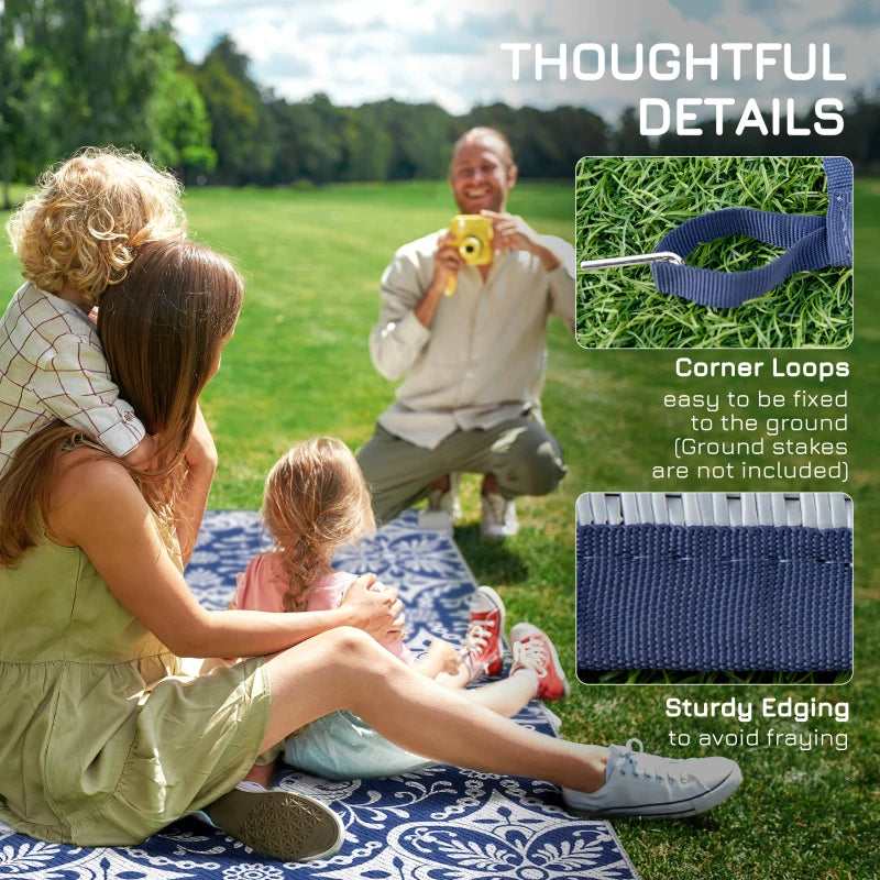 Outsunny Reversible Outdoor Rug Carpet, 9' x 18' Waterproof Plastic Straw Rug, Portable RV Camping Rugs with Carry Bag, Large Floor Mat for Backyard, Deck, Picnic, Beach, Gray & White Floral