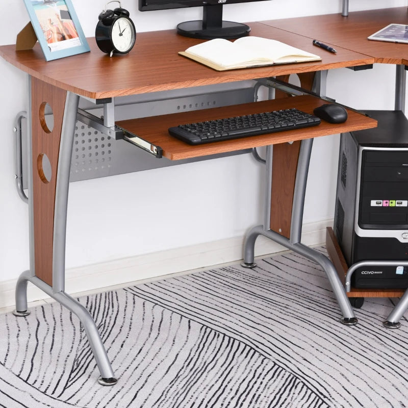HOMCOM L-Shaped Corner Computer Office Desk Workstation with Rolling Keyboard Tray, & Convenient CPU Stand - Brown