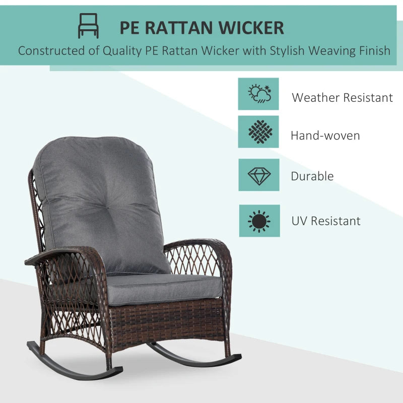 Outsunny Outdoor PE Rattan Rocking Chair, Patio Wicker Recliner Rocker Chair with Soft Cushion, Grey