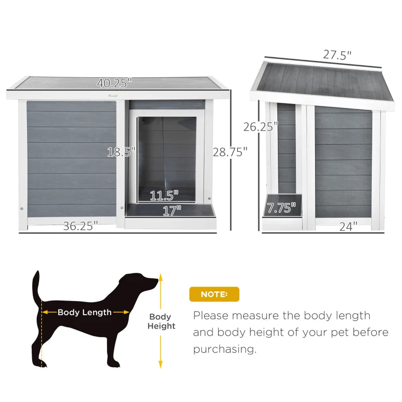 PawHut Cabin-Style Wooden Dog House for Large Dogs Outside with Openable Roof & Giant Window, Big Dog House Outdoor & Indoor, Asphalt Roof, Gray