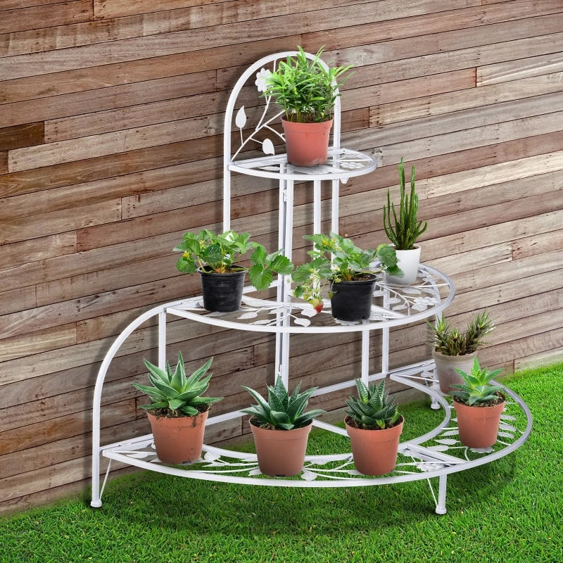 Outsunny 3' 3 Tier Metal Butterfly and Leaf Outdoor Potted Plant Stand - White