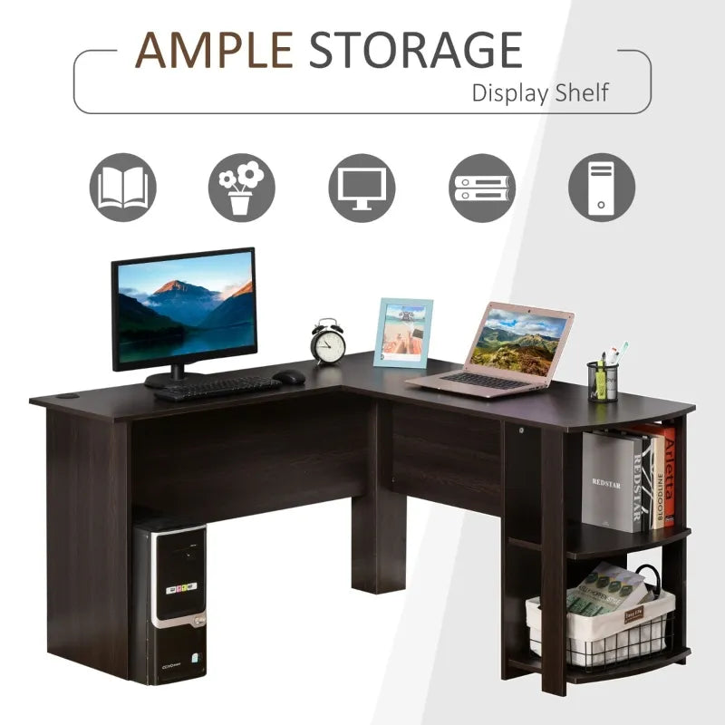 HOMCOM L-Shaped Computer Desk, Laptop Workstation with Return and 2 Storage Shelves for Home Office, Dark Brown