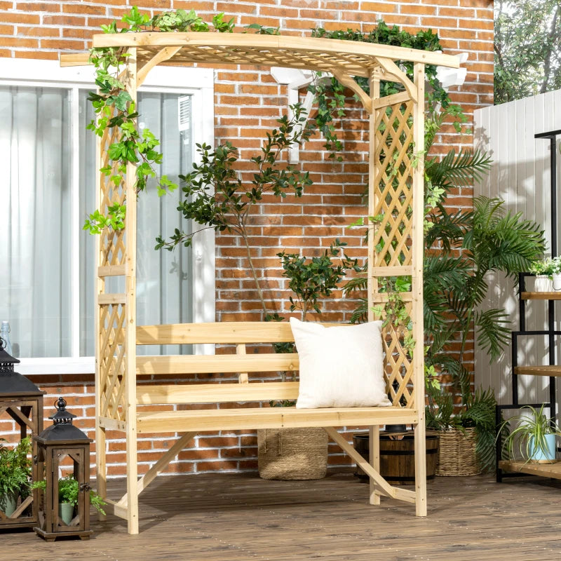 Outsunny Outdoor Garden Bench Arch Pergola with Natural Fir Wood Build, Protective Varnish, & 2 Person Ergonomic Bench