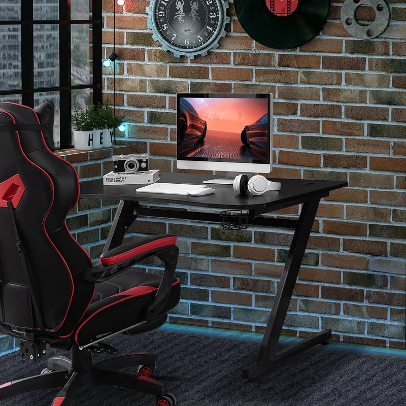 HOMCOM 47" Racing Style Gaming Desk, Z-Shaped Computer Table Workstation with LED Lights, Swivel Cup Holder, Headphone Hook and Cable Management Holes for Gamers Home Office, Black
