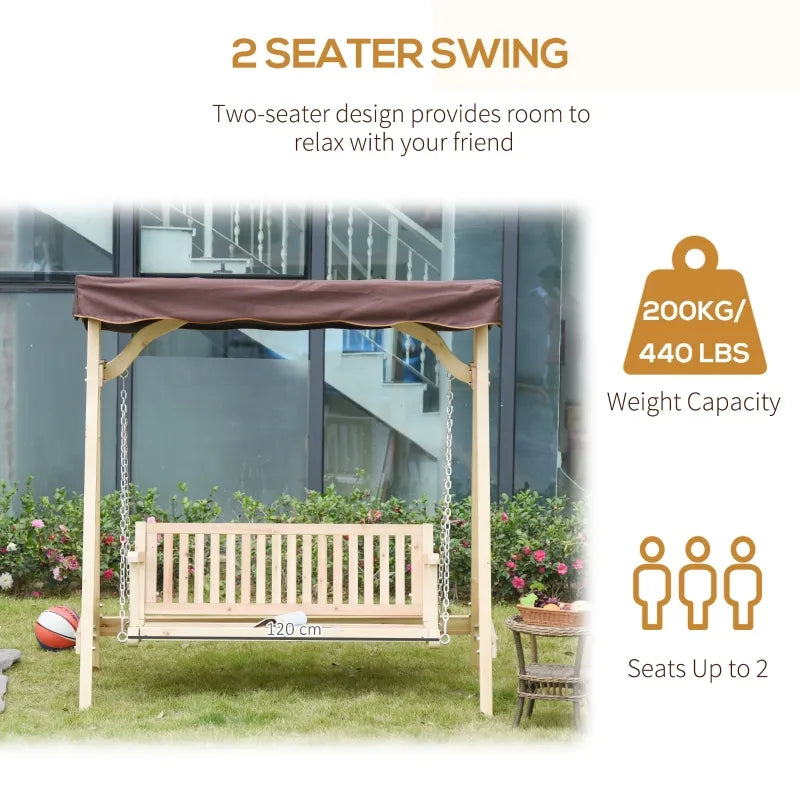 Outsunny Wooden Porch Swing with Stand, 2-Person Outdoor Patio Swing Chair with Wide Backrest, Adjustable Chains, for Garden, Poolside, Backyard, 550lbs