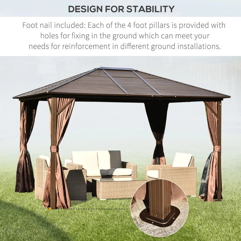Outsunny 10' x 12' Hardtop Gazebo with Curtains and Netting, Permanent Pavilion Metal Roof Gazebo Canopy with Aluminum Frame and Top Hook, for Garden, Patio, Deck, Backyard, Brown