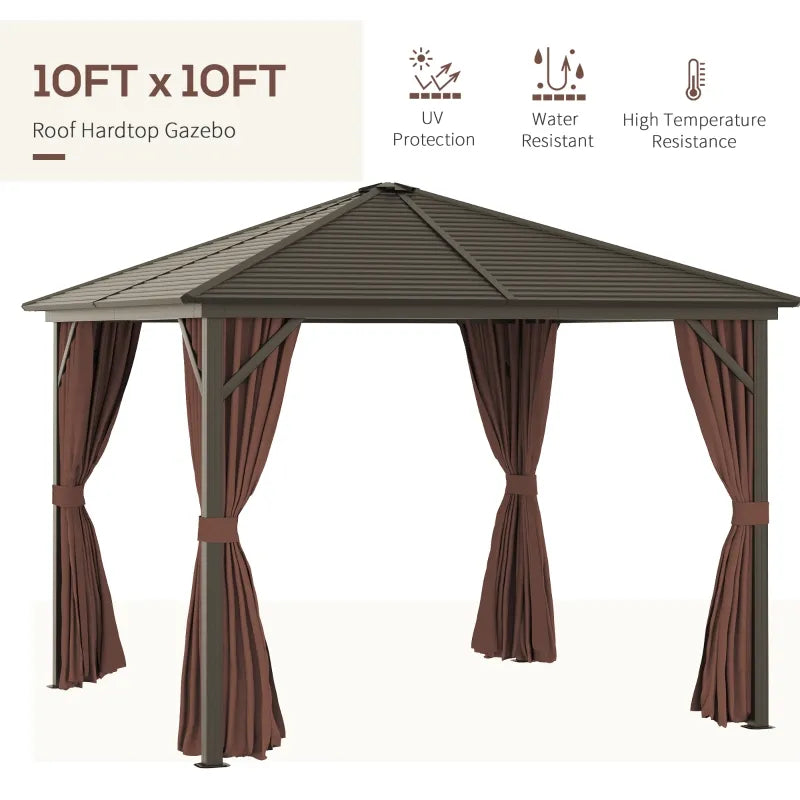 Outsunny 10' x 10' Hardtop Gazebo with Curtains and Netting, Permanent Pavilion Metal Roof Gazebo Canopy with Aluminum Frame, for Garden, Patio, Backyard, Deck, Dark Brown