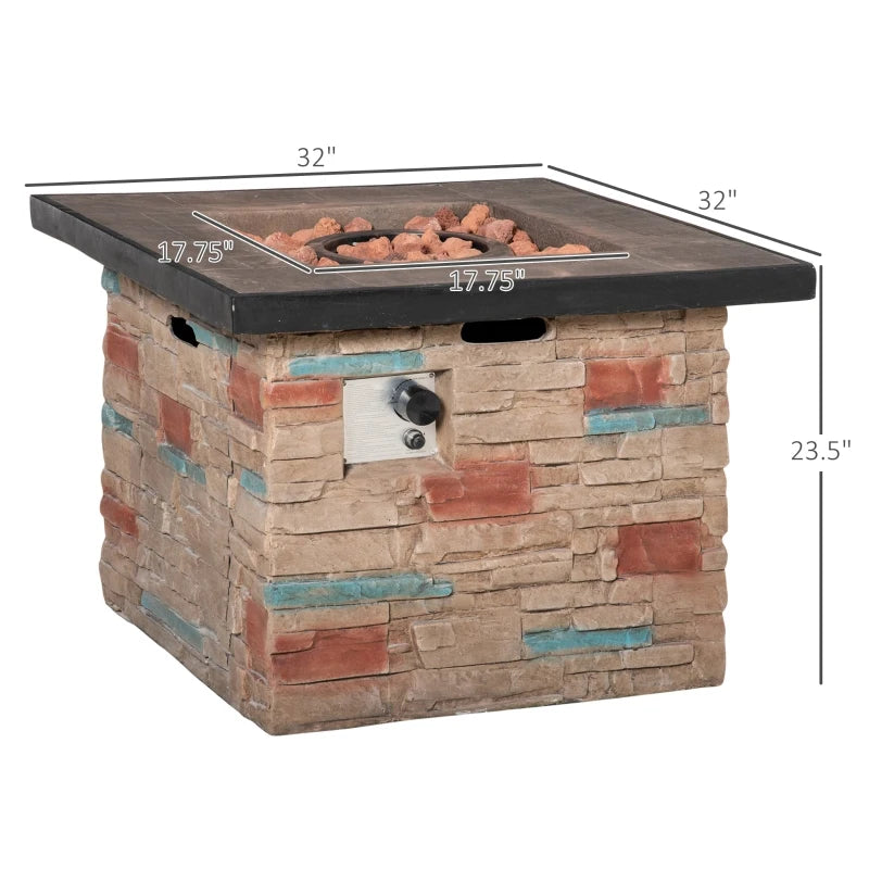 Outsunny 32 Inch Outdoor Propane Gas Fire Pit Table, 50,000 BTU Auto-Ignition Square Faux Ledge Stone Gas Firepit with Lava Rocks and Rain Cover, CSA Certification, Brown