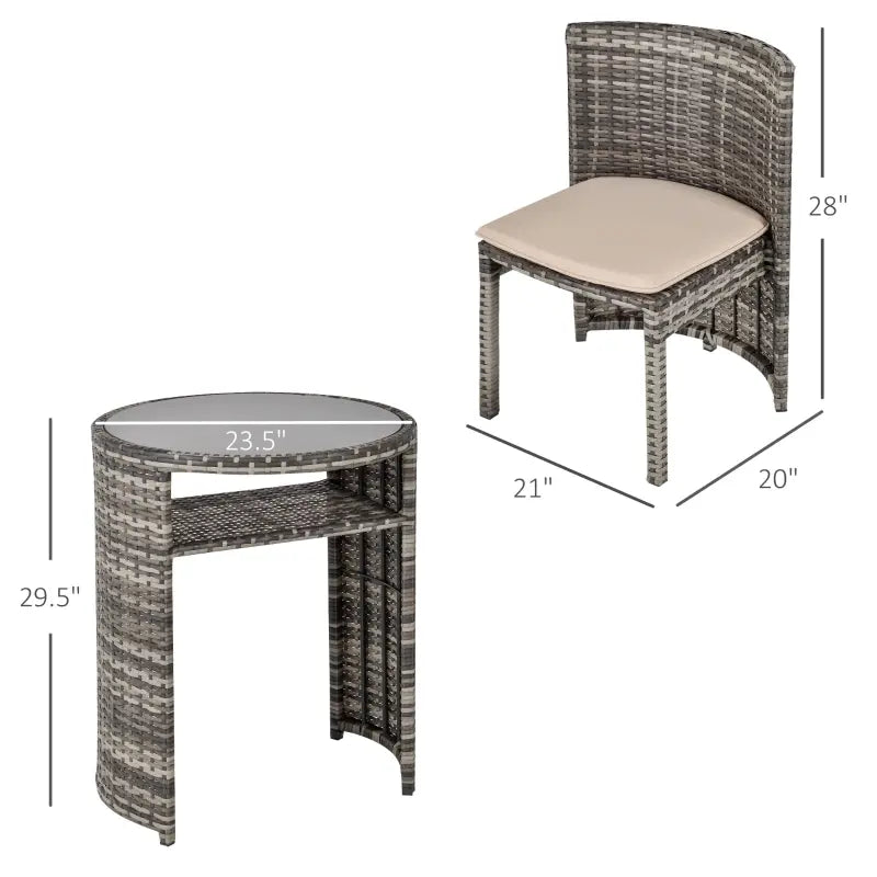 Outsunny 3 pc Outdoor Rattan Wicker Bistro Set with Storage Shelf, Glass Top Table, Soft Cushioned Chairs and Space Saving Design, Patio Conversation Set for Garden Backyard Porch, Grey