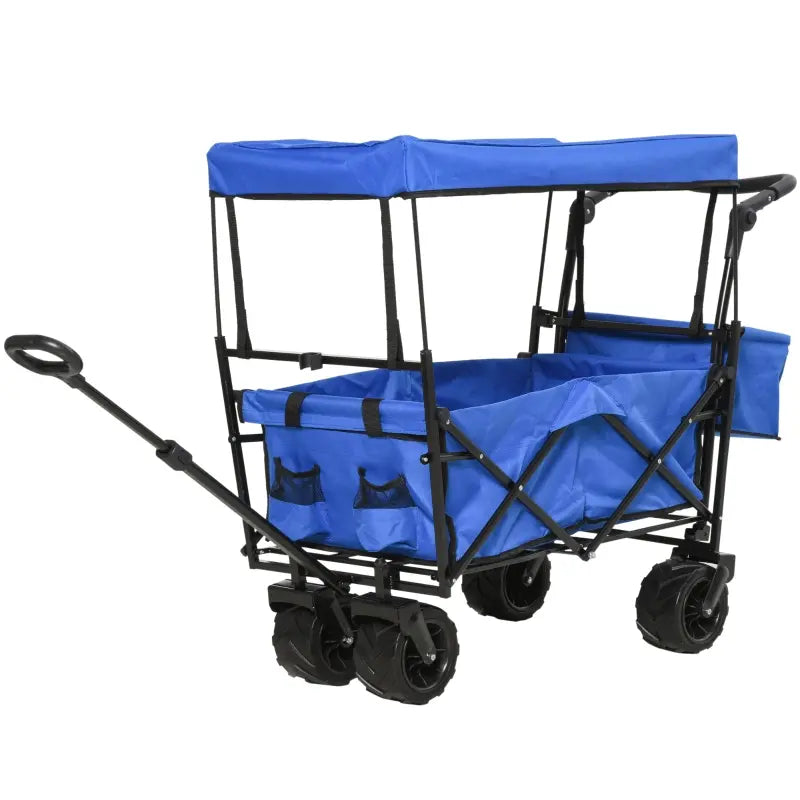 DURHAND Collapsible Folding Utility Garden Cart Wagon with Adjustable Push/Pull Handle, Canopy & All-Terrain Wheels - Blue
