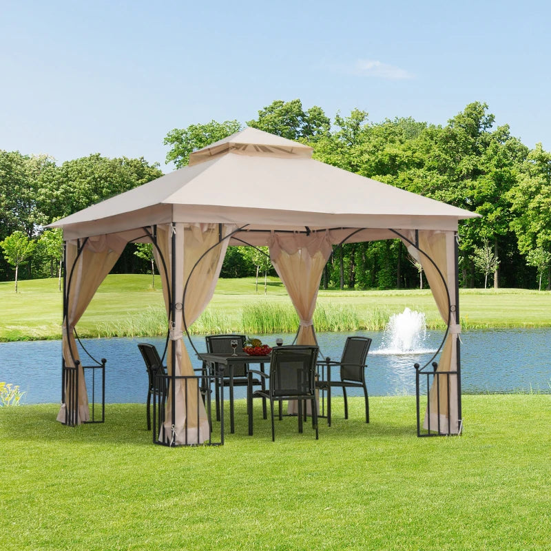 Outsunny 10' x 10' Patio Gazebo, Double Roof Outdoor Gazebo Canopy Shelter with Netting, Steel Corner Frame for Garden, Lawn, Backyard and Deck, Beige