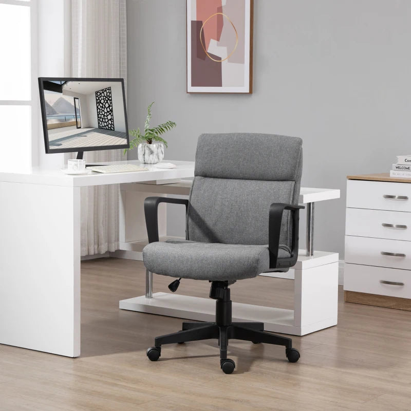 Vinsetto Mid Back Linen Fabric Home Office Chair, Computer Task Chair with Ergonomic Lined Wide Seat, Thick Padding, and 360° Swivel Wheels, Grey