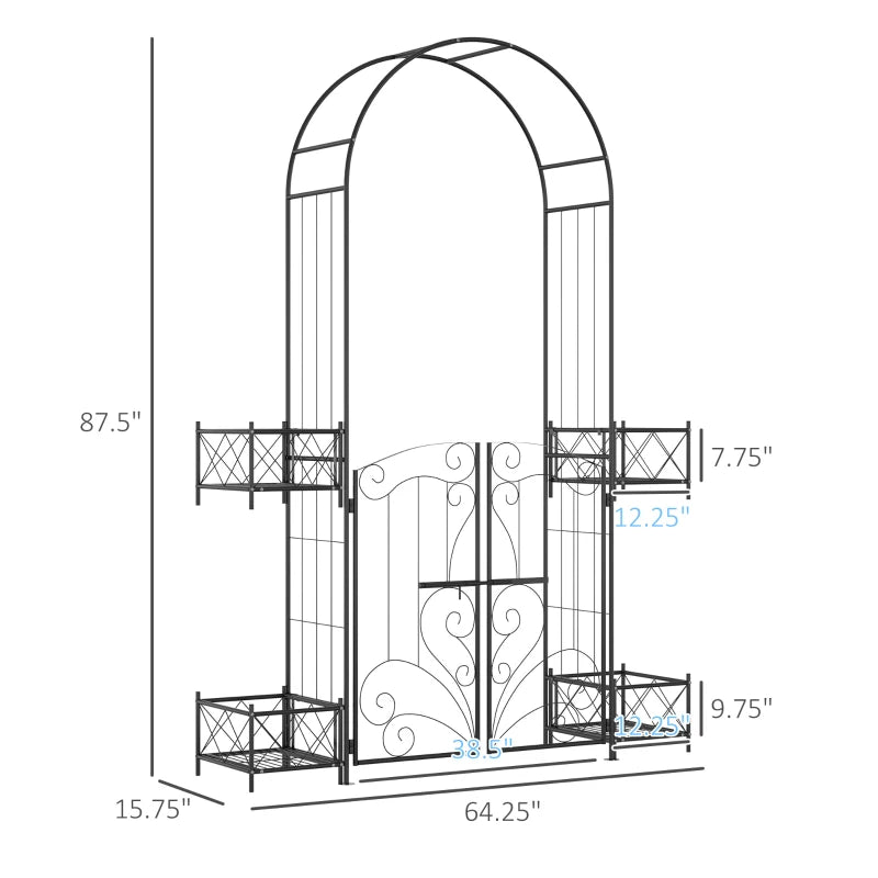 Outsunny 81" Metal Garden Arbor with Double Doors, Locking Gate, Climbing Vine Frame with Heart Motifs, Arch for Wedding, Bridal Party Decoration, Grey