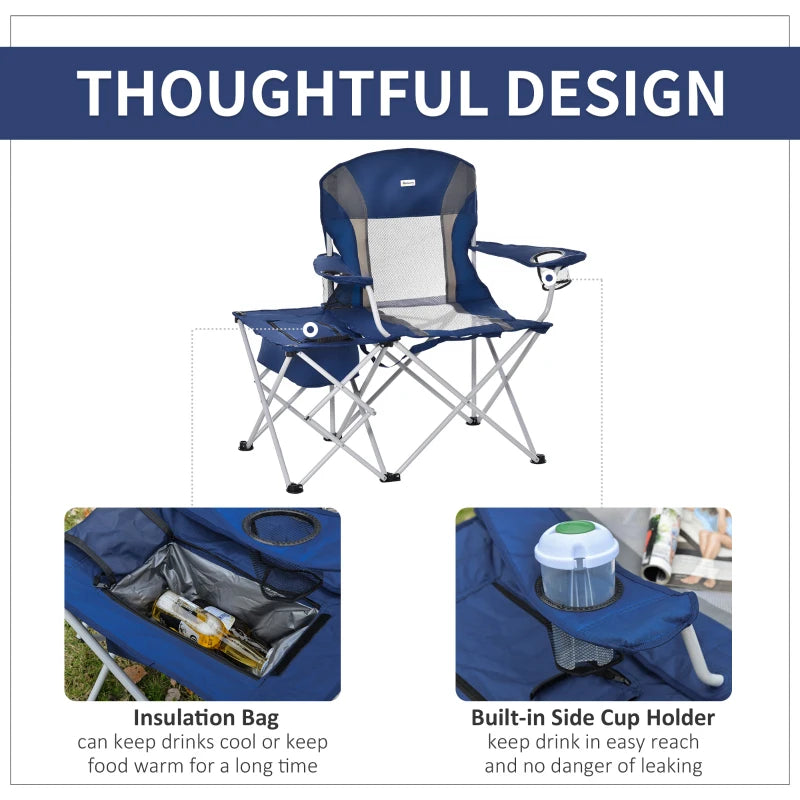 Outsunny Folding Camping Chair with Portable Insulation Table Bag, Two Cup Holders for Beach, Ice Fishing and Picnic, Navy Blue