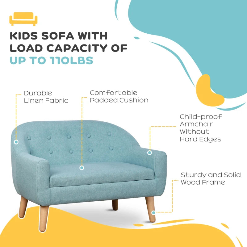 Qaba 2-Seat Kids Sofa Linen Fabric and Wooden Frame Sofa for Kids and Toddlers Ages 3-6, 11" High Seat, Blue
