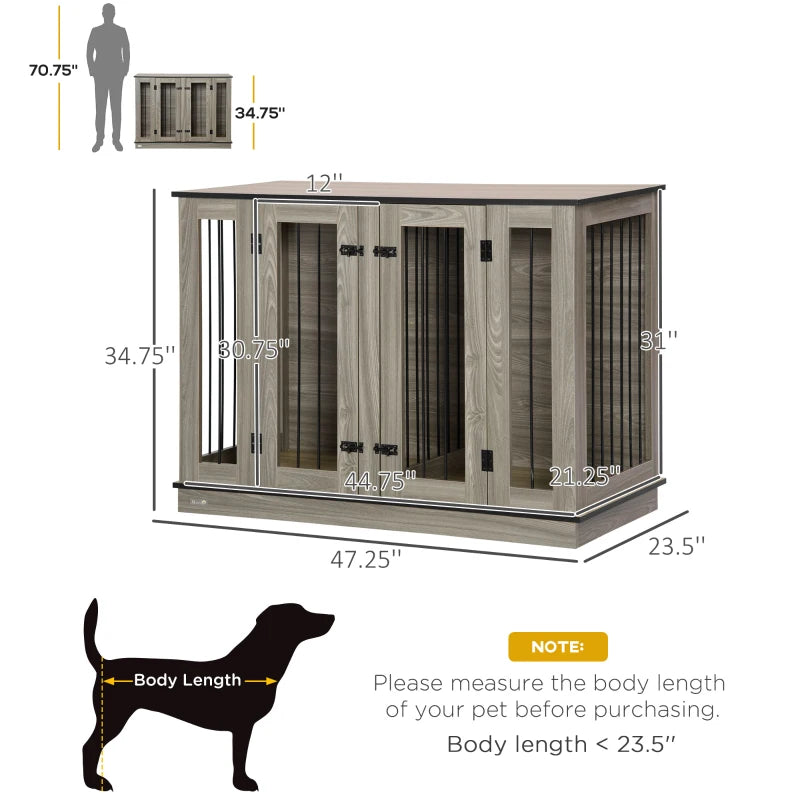 PawHut Large Furniture Style Dog Crate with Removable Panel, End Table with Two Rooms Design and Two Front Doors, Walnut, 47.25" x 23.5" x 34.75"