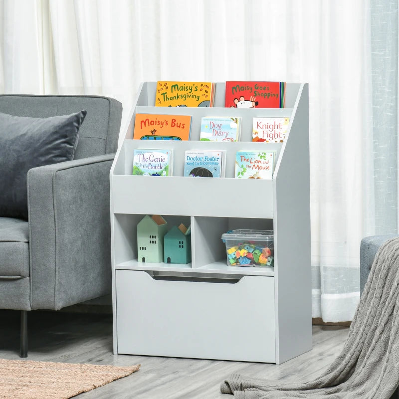 HOMCOM Kids Bookcase Multi-Shelf Book Rack with Mobile Drawer for Books, Toys, Grey