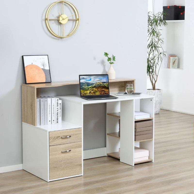 HOMCOM 54" Multi-Shelf Dorm and Home Office Computer Desk - Oak/White