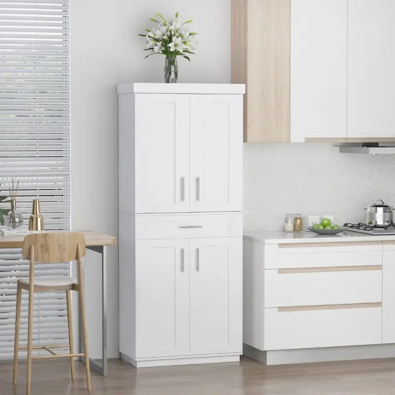 HOMCOM Modern Kitchen Pantry Freestanding Cabinet Cupboard with Doors and Drawer, Adjustable Shelving, White
