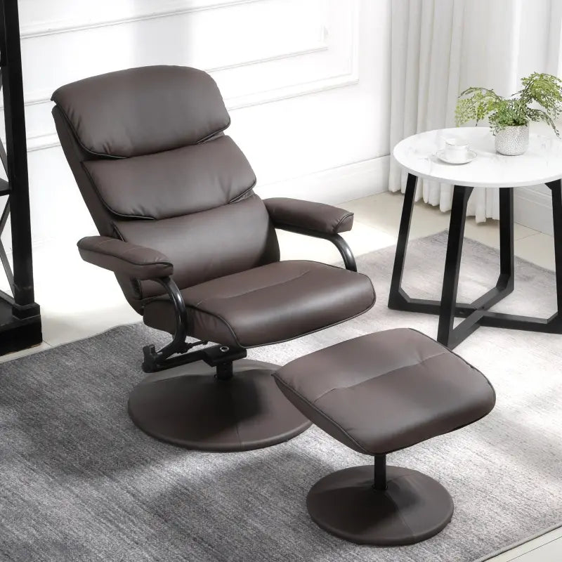 HOMCOM Recliner Chair with Ottoman, PU Leather Swivel High Back Armchair w/ Footrest Stool, 135° Adjustable Backrest and Thick Foam Padding, Brown