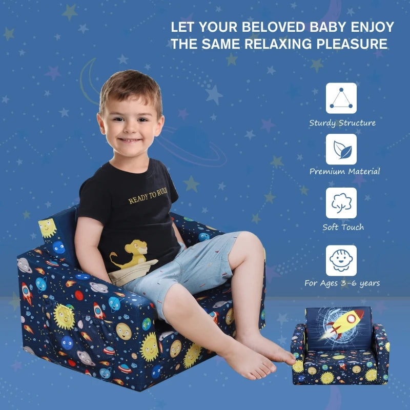 Qaba Kids Fold-Out Couch/Chair Lounger with Space-Themed Washable Fabric & Removable Cushion for 3-6 Years Old, Blue