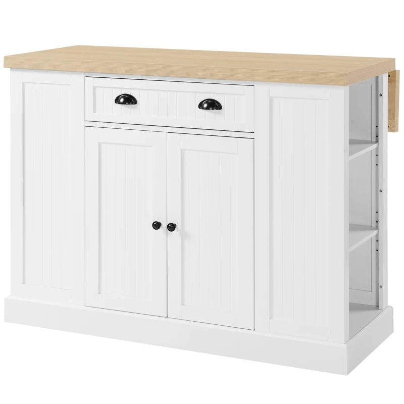 HOMCOM Fluted-Style Wooden Kitchen Island, Storage Cabinet w/ Drawer, Open Shelving, and Interior Shelving for Dining Room, White