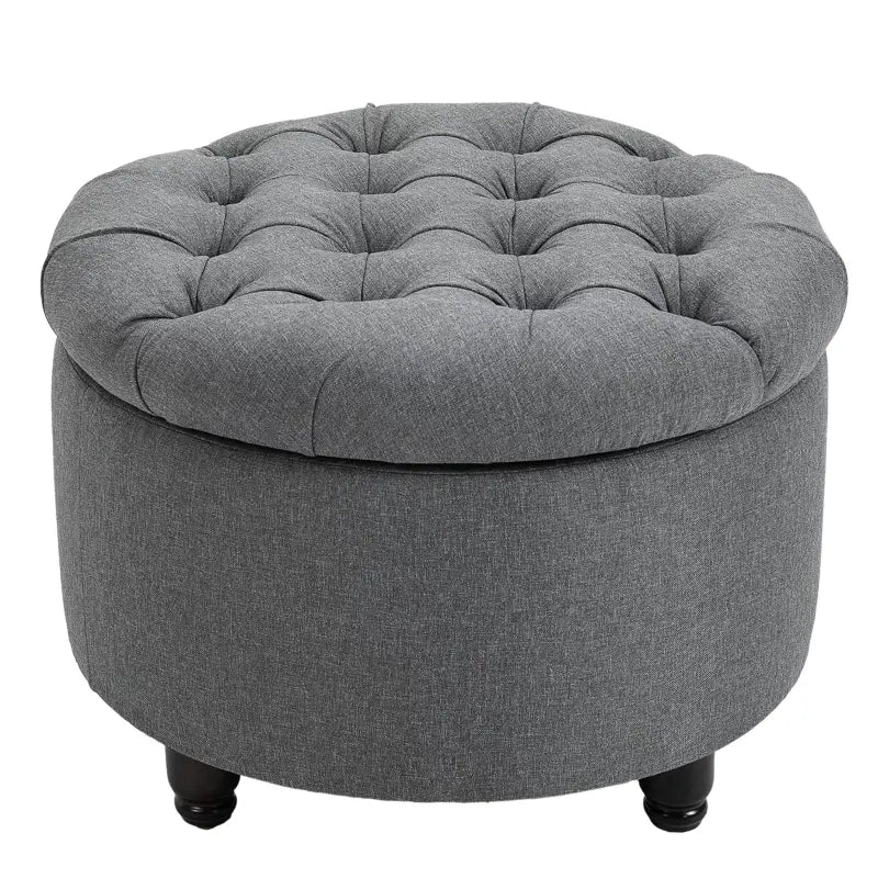 HOMCOM Round Linen-touch Fabric Storage Stool Ottoman Button Tufted Footrest with Removable Lid, Grey