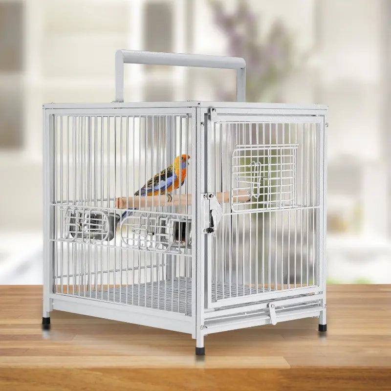 PawHut 22" Heavy Duty Wrought Iron Travel Bird Cage Carrier with Handle Perch and Accessories - White