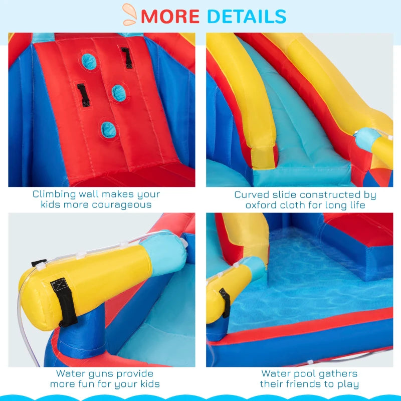 Outsunny 6-in-1 Kids Inflatable Water Slide, Bounce House with Slide, Pool, Water Cannon, Climbing Wall, Tunnel, Hoop, Backyard Inflatable Game for Birthday Party Activities without Air Blower