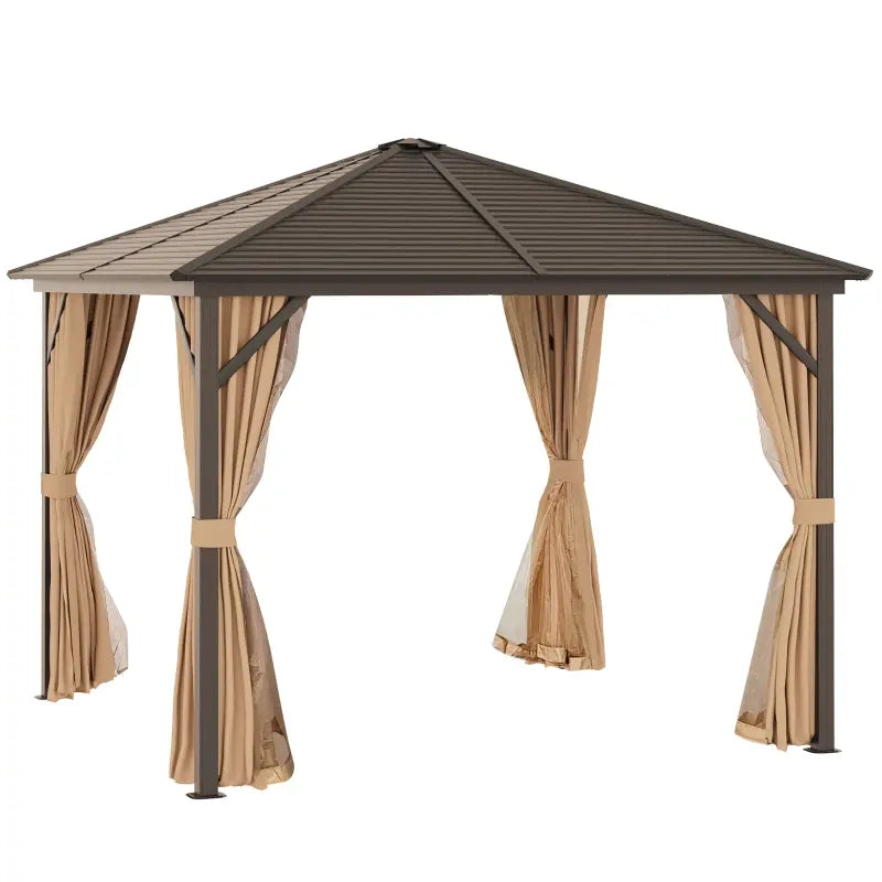 Outsunny 10' x 10' Hardtop Gazebo Canopy with Galvanized Steel Roof, Aluminum Frame, Permanent Pavilion Outdoor Gazebo with Hook, Netting and Curtains for Patio, Garden, Backyard, Dark Brown