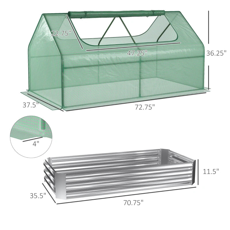 Outsunny Galvanized Raised Garden Bed with Mini Greenhouse Cover, Outdoor Metal Planter Box with 2 Roll-Up Windows for Growing Flowers, Fruits, Vegetables, and Herbs, 50" x 37.5" x 36.25", Green