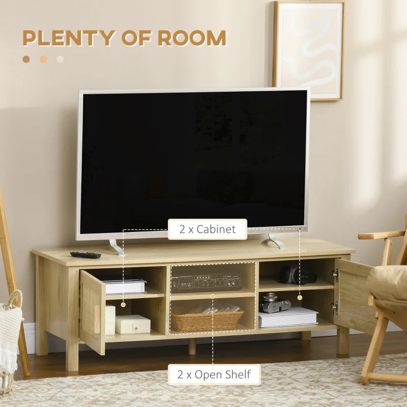 HOMCOM Boho TV Stand for 60 Inch Television, Entertainment Center with Rattan Door, Adjustable Shelf, and Storage Cabinets, Wood TV Console Cabinet for Living Room, Bedroom, Natural Wood