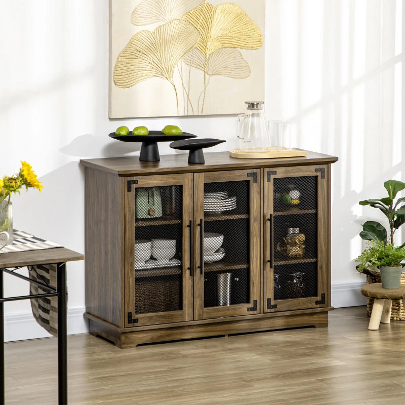 HOMCOM Farmhouse Sideboard, Buffet Cabinet with Adjustable Shelves and Wire Mesh Door, Credenza, Walnut