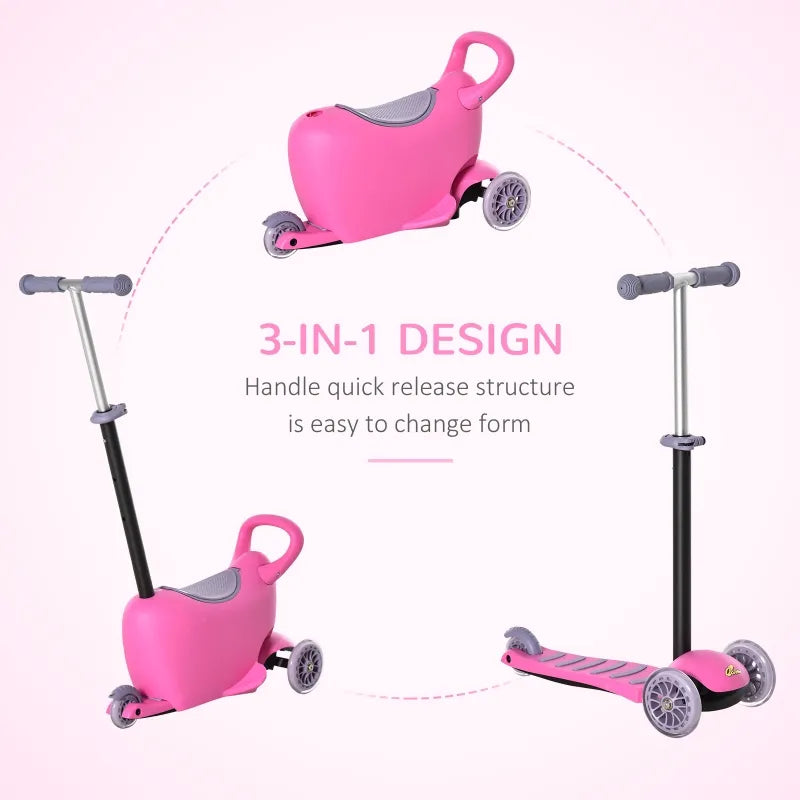 Qaba 3-in-1 Kids Scooter, Sliding Walker Push Car with 3 Wheels, Height Adjustable, Pink