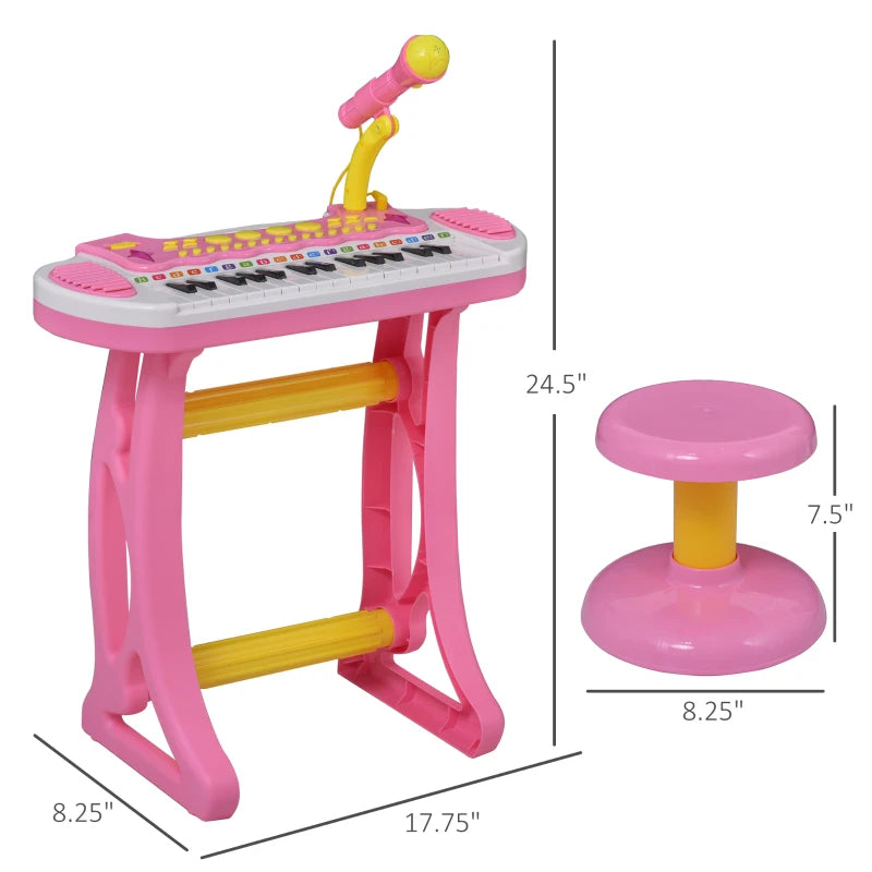 Qaba Kids Toy Keyboard Piano Toddler Electronic Instrument with Stool, Microphone and Bright Flashlight for Children Birth Gift, Pink